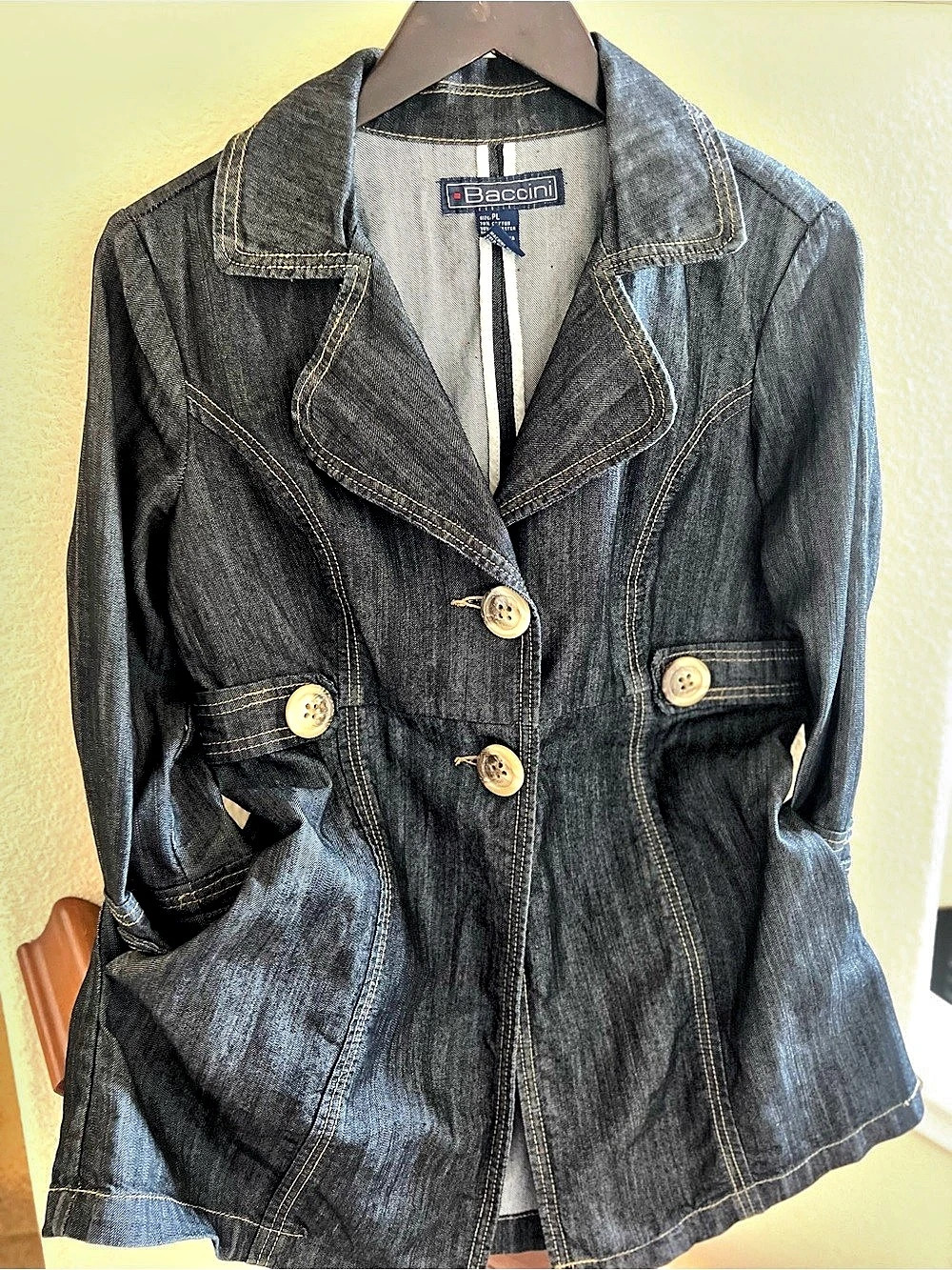 Y2K/ vintage-inspired Baccini denim style peacoat w/ contrast stitching size PL